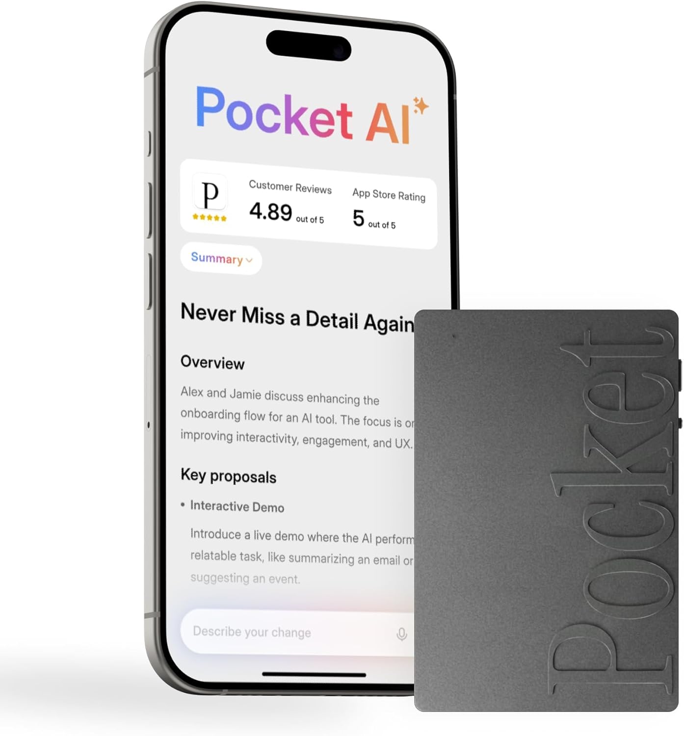 Pocket AI Voice Recorder, Auto Transcription, AI Note Taker, Space Grey | Recording Device, Action Items, Mind Maps, Ask Pocket, 4-Day Battery, MagSafe, iOS & Android