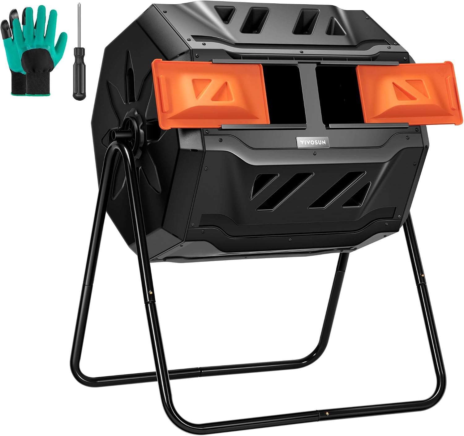 Outdoor Tumbling Composter Dual Rotating Batch Compost Bin, 43 Gallon Black Door