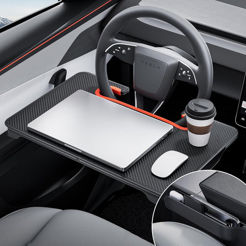 2-in-1 Car Steering Wheel Desk Tray & Car Seat Gap Filler Organizer – Foldable Carbon Fiber Look Table for Laptop, Eating Food, Writing – for Standard Round Steering Wheels